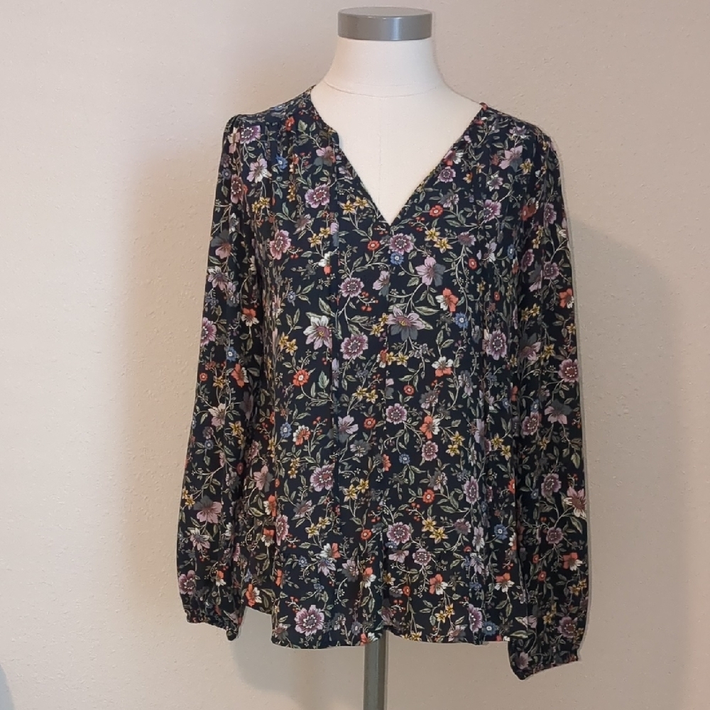 LOFT Navy Floral Long Sleeve Blouse